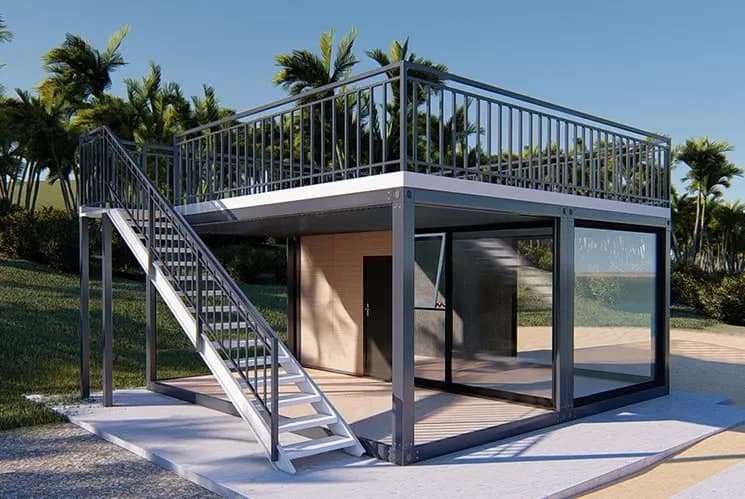 Glass-walled unit with a rooftop deck and exterior stair on a rural lot